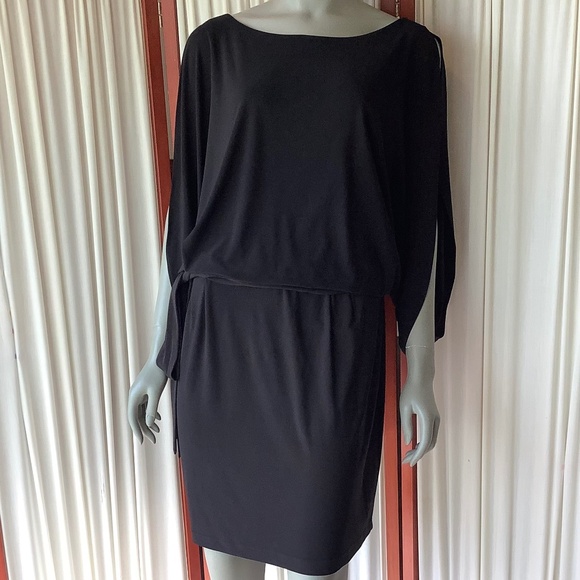 Emma & Michele Black Dress Blouson Tie Waist Bat Wing Cold Shoulder Large - Picture 1 of 11